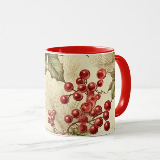 ヴィンテージポインセチアと果実パターンクリスマス マグカップ (正面右)