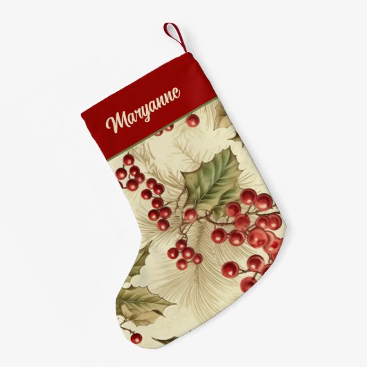 ヴィンテージポインセチアと果実パターン スモールクリスマスストッキング (裏面 (吊り時))
