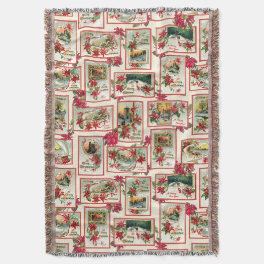 ヴィンテージポインセチアのクリスマスカードコラージュ スローブランケット (正面縦)