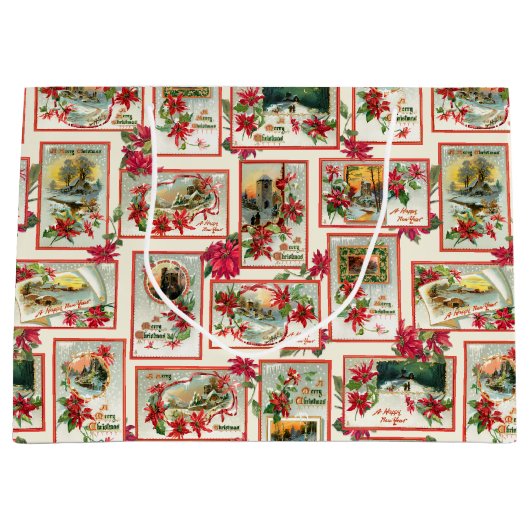 ヴィンテージポインセチアのクリスマスカードコラージュ ラージペーパーバッグ (正面)