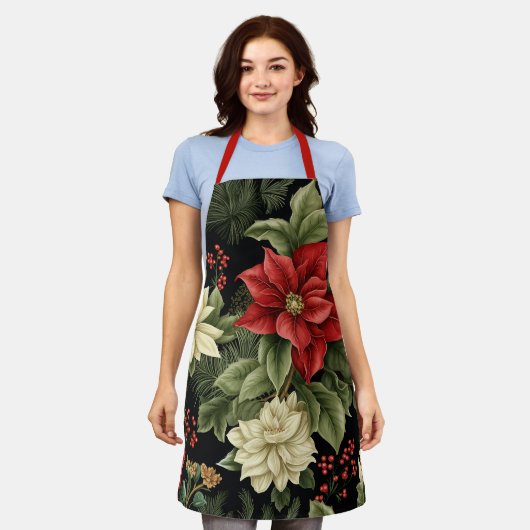 ヴィンテージポインセチア模様クリスマス エプロン (着用した状態)