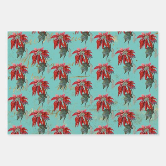 ヴィンテージポインセチア模様 ラッピングペーパーシート (正面2)