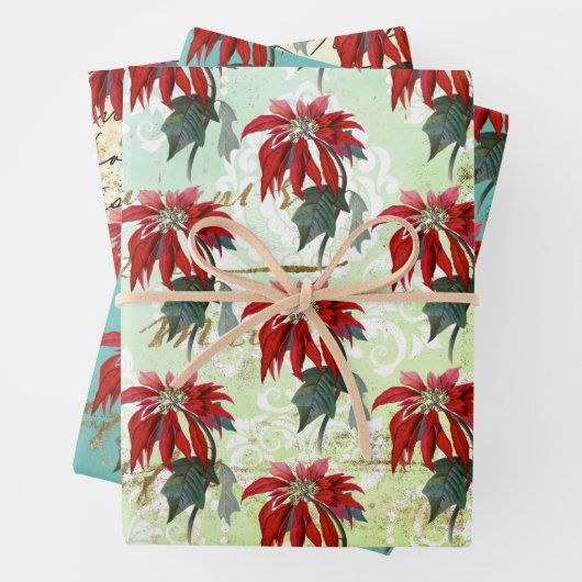 ヴィンテージポインセチア模様 ラッピングペーパーシート (インサイチュ)