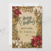 ヴィンテージポインセチア金ゴールドスクロールクリスマス シーズンカード (正面)