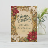 ヴィンテージポインセチア金ゴールドスクロールクリスマス シーズンカード (スタンド正面)