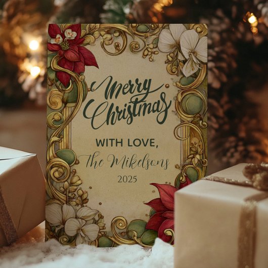 ヴィンテージポインセチア金ゴールドスクロールクリスマス シーズンカード