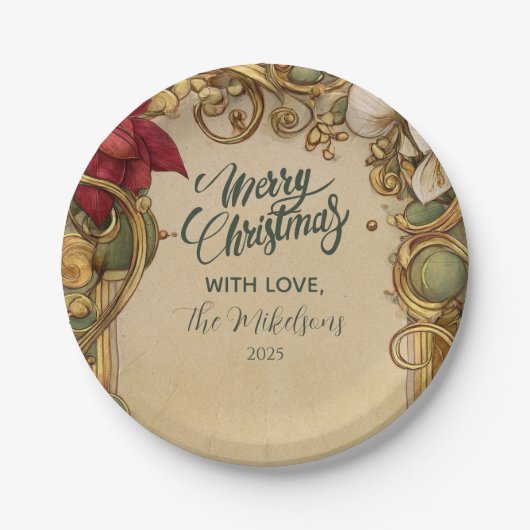 ヴィンテージポインセチア金ゴールドスクロールクリスマス ペーパープレート (正面)