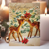 ヴィンテージポインセチア鹿の雪のクリスマス シーズンカード