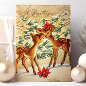 ヴィンテージポインセチア鹿の雪のクリスマス シーズンカード