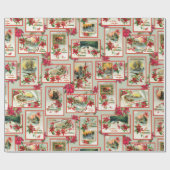 ヴィンテージポインセチア・クリスマスカードコラージグリーンBG ラッピングペーパー (フラット)