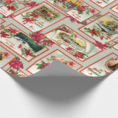 ヴィンテージポインセチア・クリスマスカードコラージグリーンBG ラッピングペーパー (角)