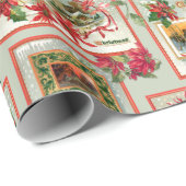 ヴィンテージポインセチア・クリスマスカードコラージグリーンBG ラッピングペーパー (ロールコーナー)