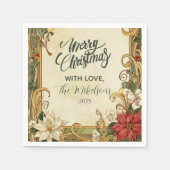 ヴィンテージポインセチア・クリスマス スタンダードカクテルナプキン (正面)