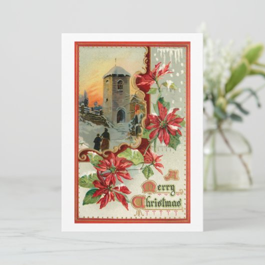 ヴィンテージポインセチア、教会、クリスマスの挨拶 シーズンカード (スタンド正面)