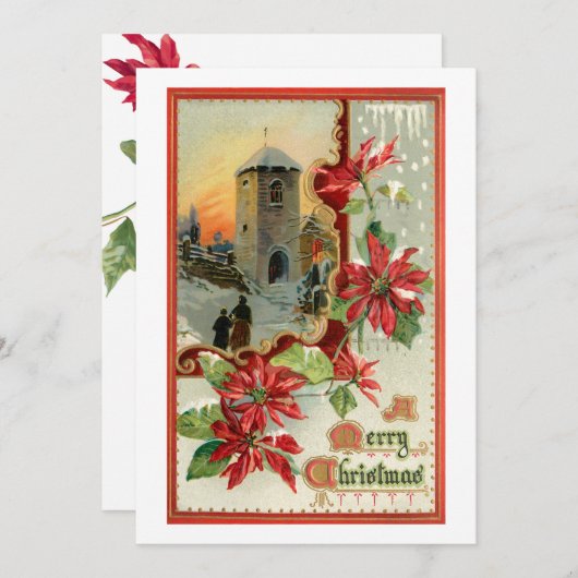 ヴィンテージポインセチア、教会、クリスマスの挨拶 シーズンカード (正面/裏面)