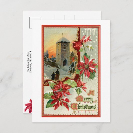ヴィンテージポインセチア、教会、クリスマスの挨拶 ポストカード (正面/裏面)