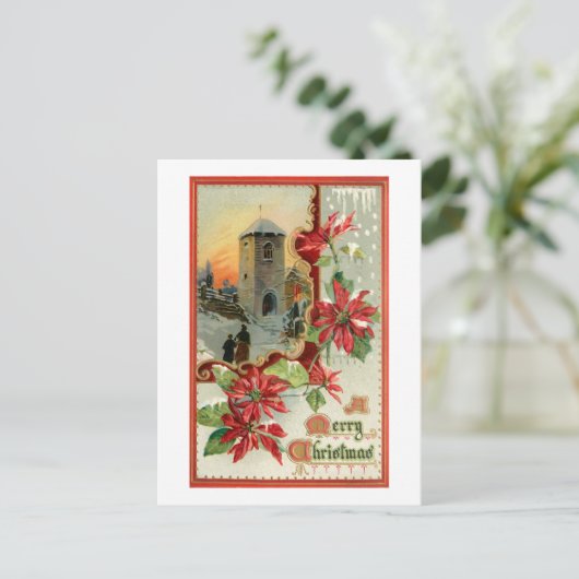 ヴィンテージポインセチア、教会、クリスマスの挨拶 ポストカード (スタンド正面)