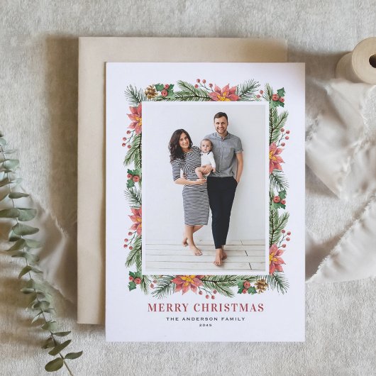 ヴィンテージポインセティアス松の針クリスマスフォト シーズンカード