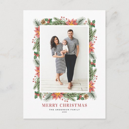 ヴィンテージポインセティアス松の針クリスマスフォト シーズンポストカード (正面)