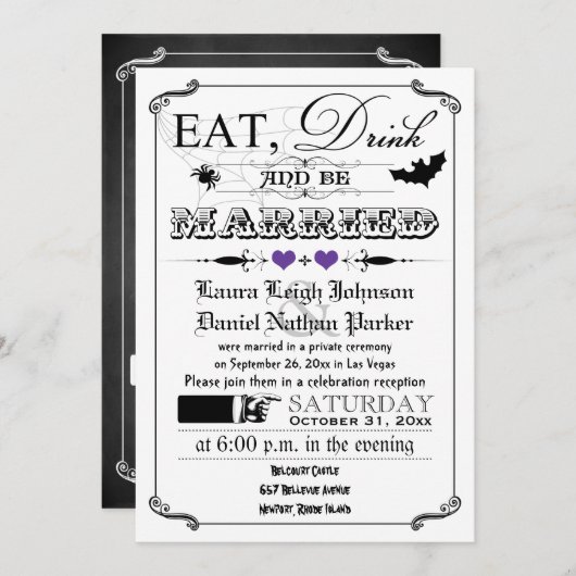 ヴィンテージポスターウエディング招待-ハロウィーン、紫 招待状 (正面/裏面)