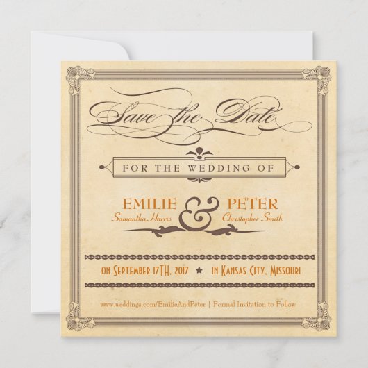 ヴィンテージポスターオレンジ&ブラウン日付を保存 セーブザデート (正面)