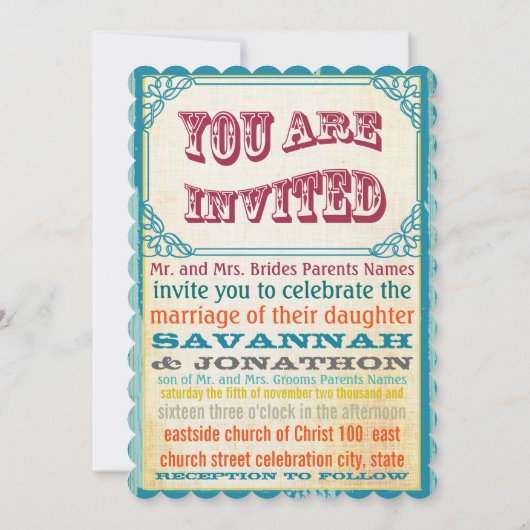 ヴィンテージポスタースタイルアクアオレンジクランベリーイエロー 招待状 (裏面)