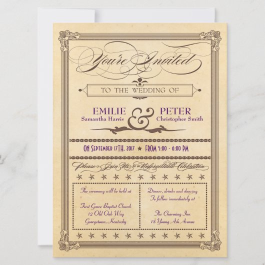 ヴィンテージポスタースタイルクリーム&ブラウンウェディング招待 招待状 (正面)