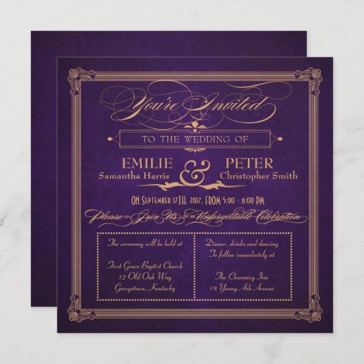 ヴィンテージポスタースタイルナスPurpスクエア結婚ズ 招待状 (正面/裏面)
