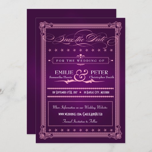 ヴィンテージポスタースタイルパープル日付を保存 セーブザデート (正面/裏面)