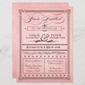 ヴィンテージポスタースタイルピンク&ブラウンウェディング招待 招待状 (正面/裏面)