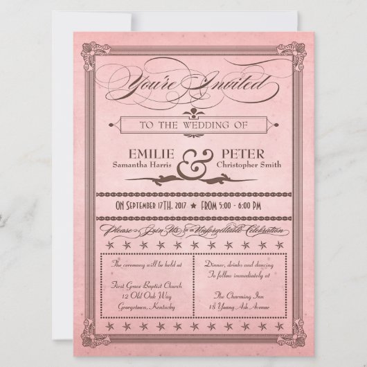 ヴィンテージポスタースタイルピンク&ブラウンウェディング招待 招待状 (正面)