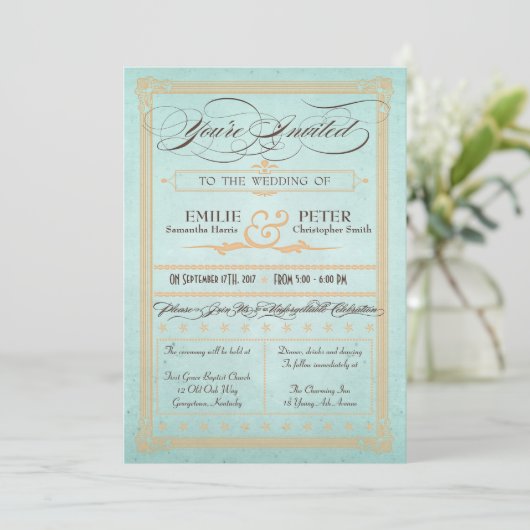 ヴィンテージポスタースタイルブルー結婚式招待状 招待状 (スタンド正面)