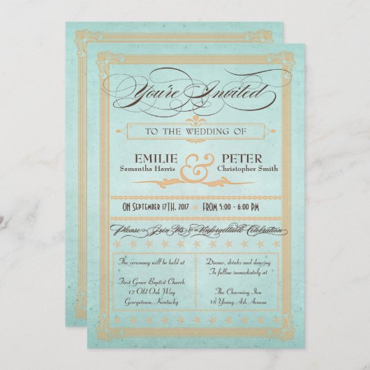 ヴィンテージポスタースタイルブルー結婚式招待状 招待状 (正面/裏面)