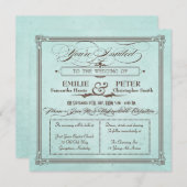 ヴィンテージポスタースタイルブルー&ブラウンスクエア結婚ズ 招待状 (正面/裏面)