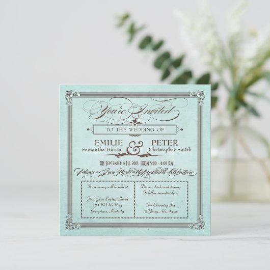 ヴィンテージポスタースタイルブルー&ブラウンスクエア結婚ズ 招待状 (スタンド正面)