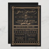 ヴィンテージポスタースタイル炭と金ゴールド結婚ズ 招待状 (正面/裏面)