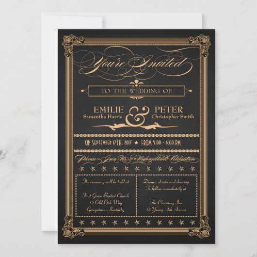 ヴィンテージポスタースタイル炭と金ゴールド結婚ズ 招待状 (正面)