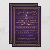 ヴィンテージポスターダークパープル結婚ズ&披露宴 招待状 (正面/裏面)