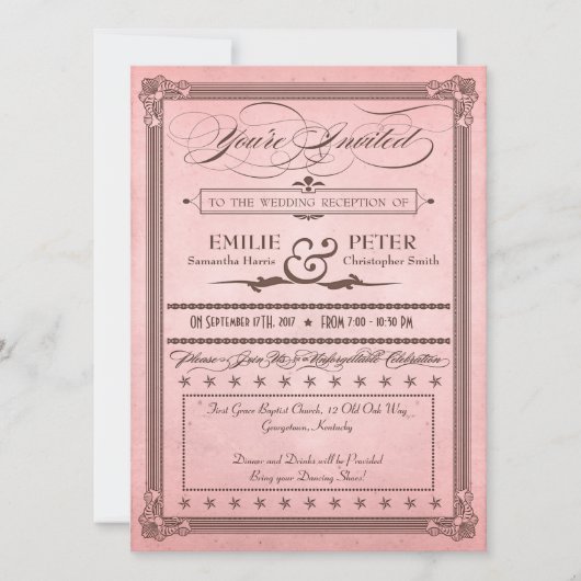 ヴィンテージポスターピンク&ブラウン披露宴結婚のみ 招待状 (正面)