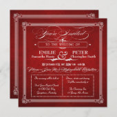 ヴィンテージポスターレッド&シルバースクエアウェディング招待 招待状 (正面/裏面)