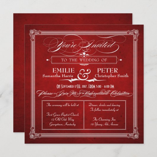 ヴィンテージポスターレッド&シルバースクエアウェディング招待 招待状 (正面/裏面)