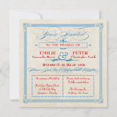 ヴィンテージポスターレッド、ホワイト、ブルー結婚スクエア 招待状 (正面)