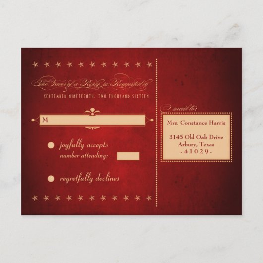 ヴィンテージポスター深いレッドウェディングRSVPポストカード インビテーションポストカード (裏面)