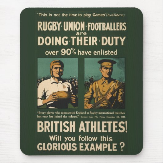 ヴィンテージポスター: 義務のためのラグビープレーヤー呼出し マウスパッド (正面)