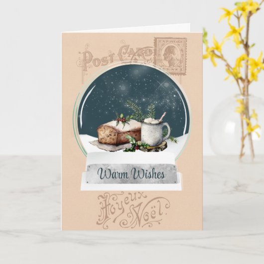 ヴィンテージポストカードとベーカリースノーグローブクリスマス カード (黄色い花)