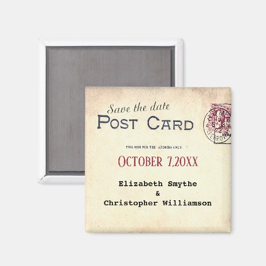 ヴィンテージポストカードスタンプ結婚式の日付を保存 マグネット (正面/裏面)