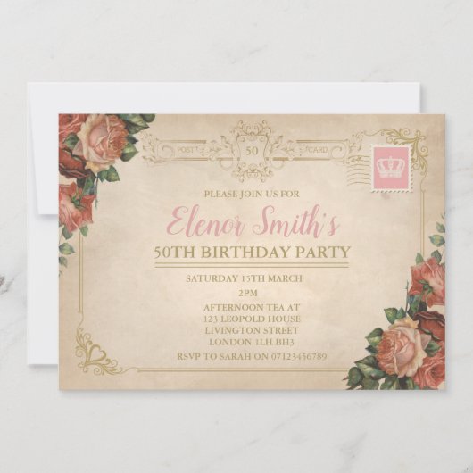 ヴィンテージポストカードティーパーティー誕生日招待状 招待状 (正面)