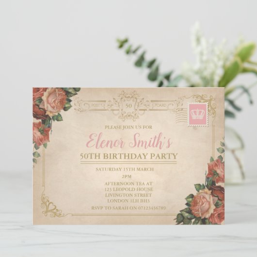 ヴィンテージポストカードティーパーティー誕生日招待状 招待状 (スタンド正面)