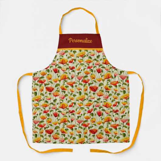 ヴィンテージポピーフラワーズオレンジレッドフローラルパターン エプロン (正面)