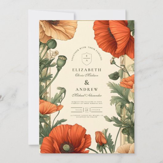 ヴィンテージポピーフローラアールヌーボー結婚ズ 招待状 (正面)